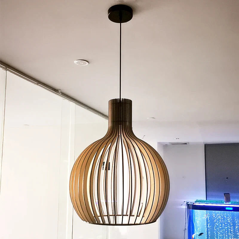 Afralia™ Nordic Wooden Birdcage Pendant Light for Living Room