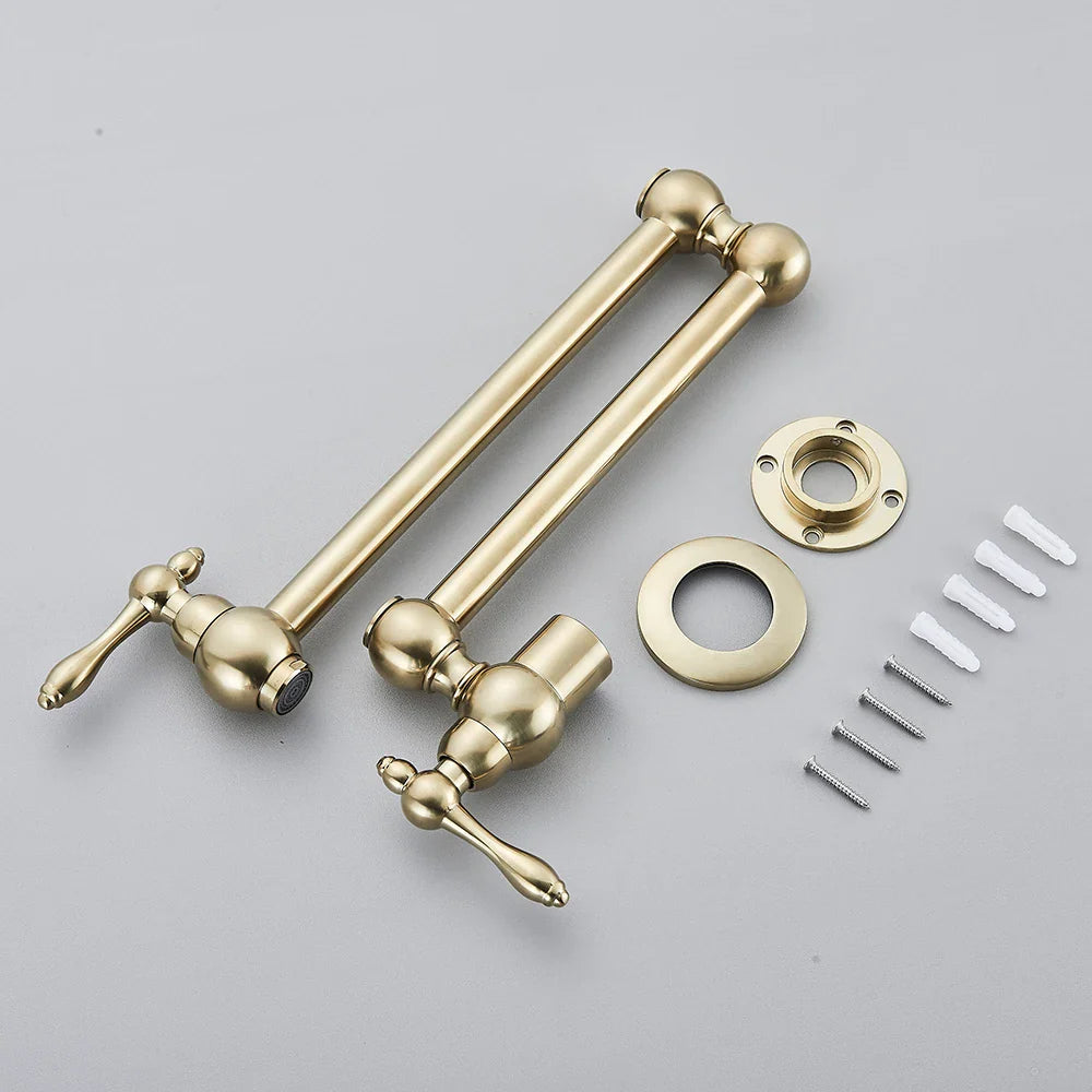 Afralia™ Brushed Gold Brass Pot Filler Faucet with Folding Spout - Wall Mounted Kitchen Tap