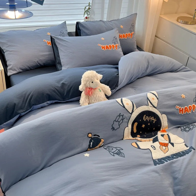 Afralia™ Cartoon Pattern Embroidered Bedding Sets: Cozy, Soft, and Breathable for Kids and Adults