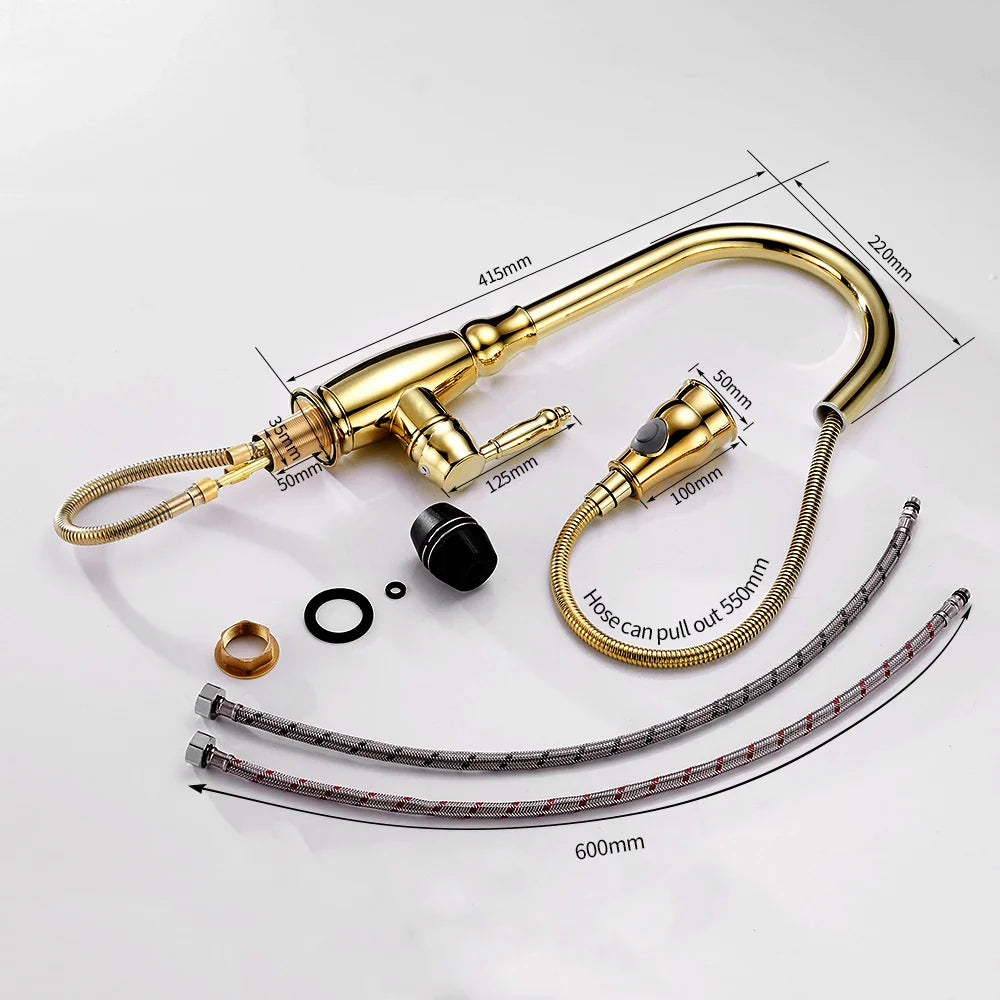 Afralia™ Gold Kitchen Sink Mixer Faucet with Pull Out Spray Head Rotation - WF-4118