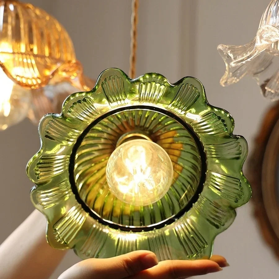 Afralia™ Vintage Green Glass Flower Knob Switch LED Pendant Lights, Copper Hanging Lamp