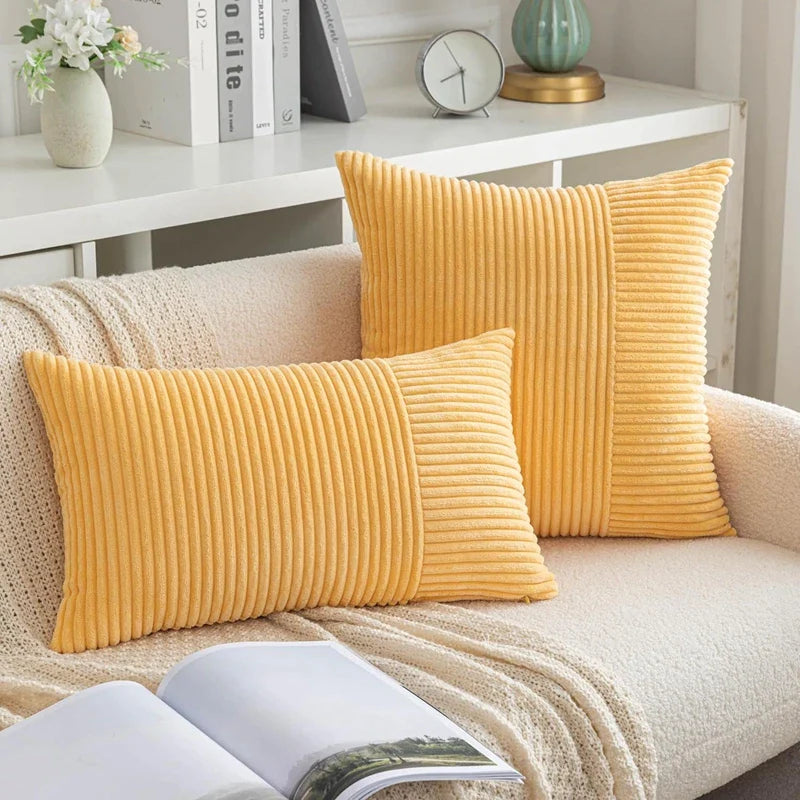 Afralia™ Corduroy Striped Patchwork Throw Pillow Covers Set, Farmhouse Style Yellow Classic Pillowcases