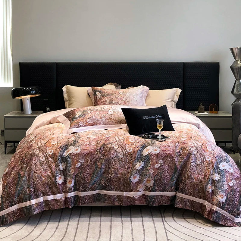 Afralia™ Luxury Flowers 1000TC Egyptian Cotton Bedding Set: 1 Duvet Cover, 1 Sheet, 2 Pillowcases