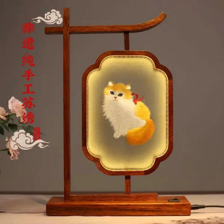 Afralia™ Chinese Style Embroidered Desk Lamp Decoration Screen - Double-Sided Home Table Decor