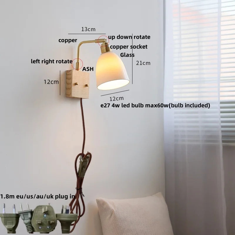 Afralia™ Nordic LED Wall Lights Pull Chain Switch Bedside Lamp Walnut Ash Glass Copper