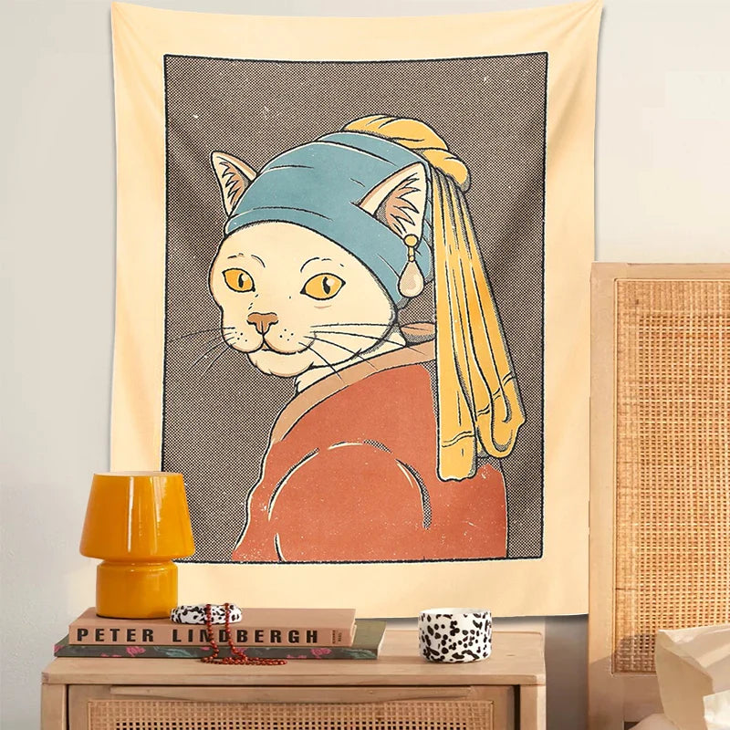 Afralia™ Cat With Pearl Earring Metal Wall Hanging Tapestry Art