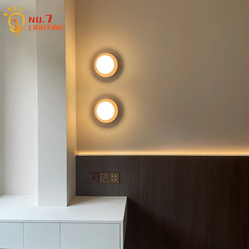 Afralia™ Black Walnut Round Wall Lamp LED G9 Vintage Zen Art Decor for Bedroom & Living Room