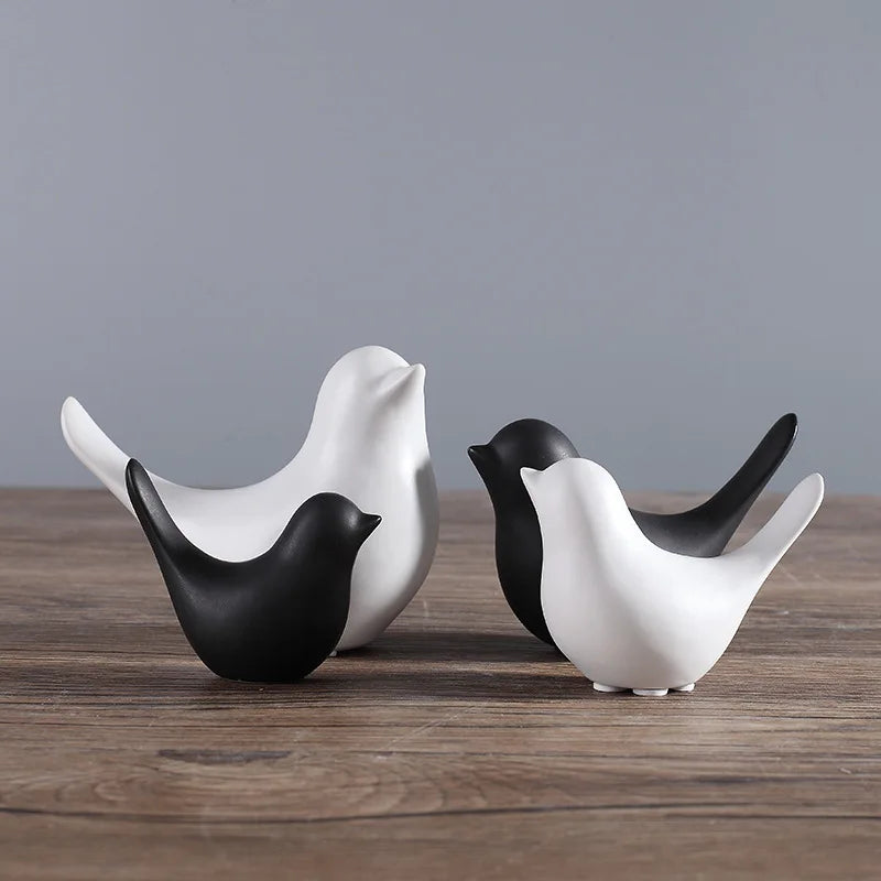Afralia™ Bird Figurine Set Nordic Ceramic Black White Table Sculptural Ornament
