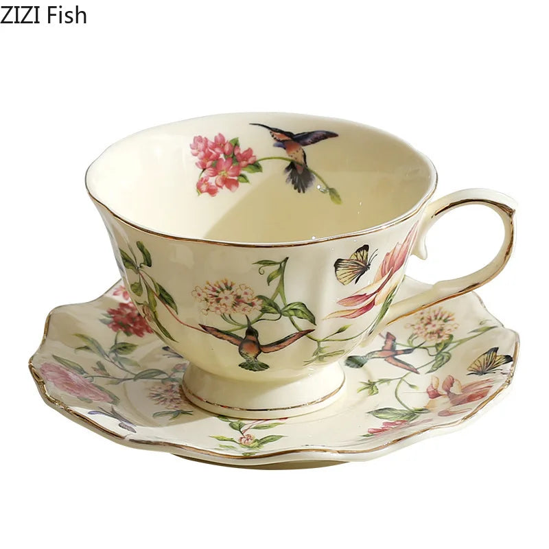 Afralia™ Ceramic Floral Bird Cup & Saucer Set for Dining Table and Coffee - 18 Word Limit