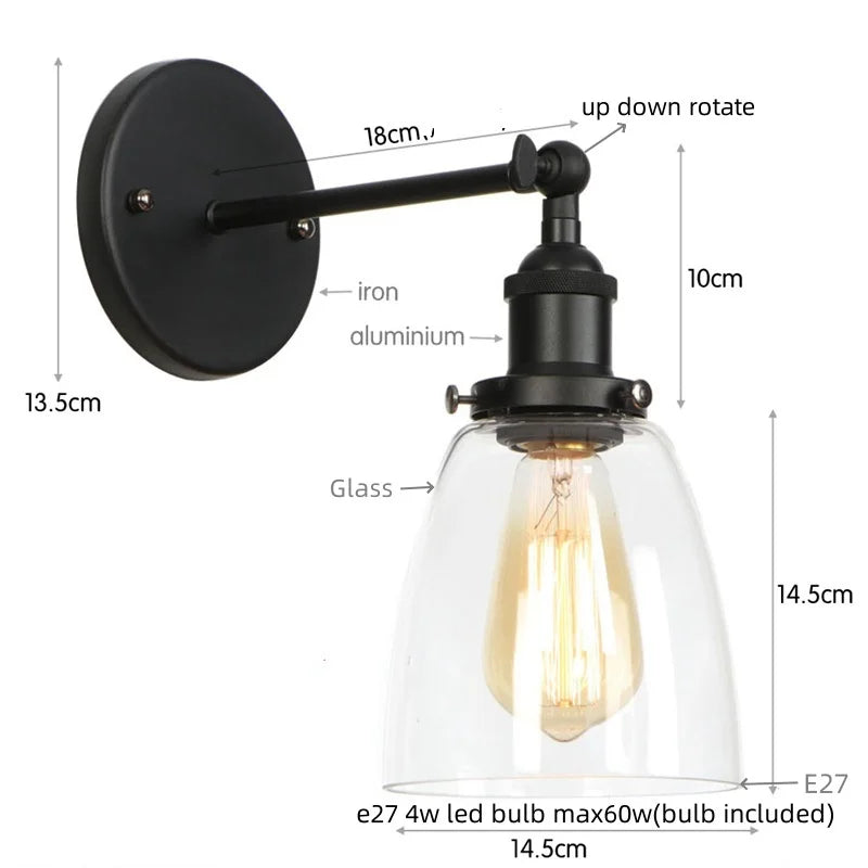 Afralia™ Vintage Single Arm LED Wall Lamp Iron Glass Retro Stair Light