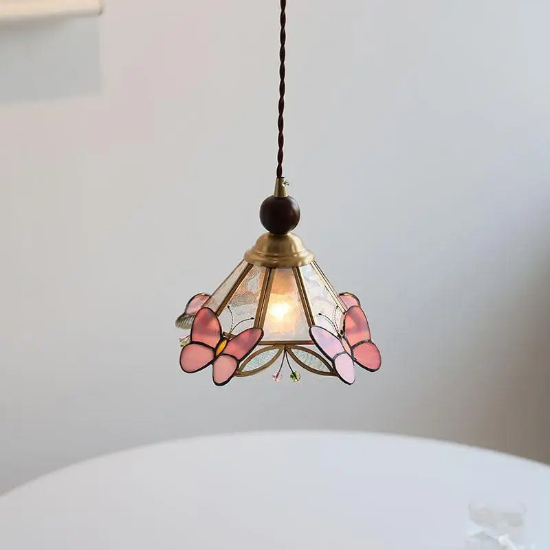 Afralia™ Butterfly Pink LED Pendant Lamp Walnut Wood Glass Nordic Modern Home Decor