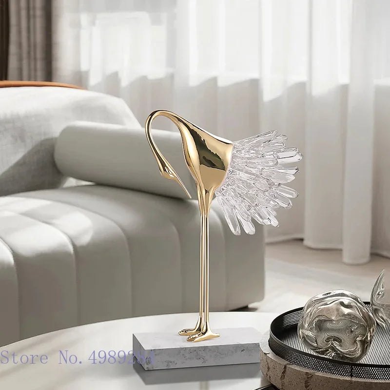 Afralia™ Crane Golden Bird Agate Marble Crystal Home Decor Craft Statue