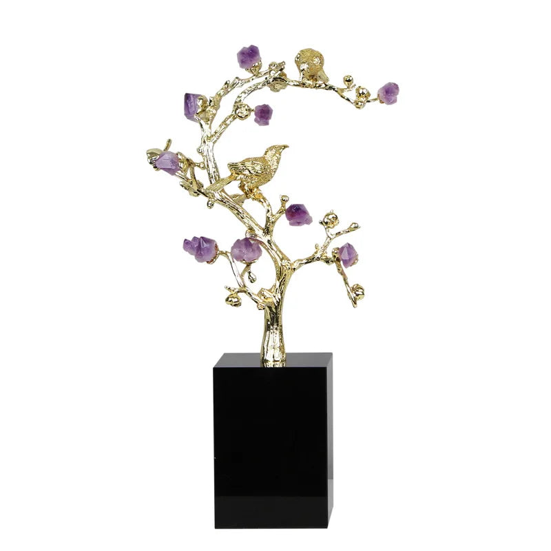Afralia™ Golden Tree Crystal Flower Brass Amethyst Decor with Golden Bird Figurines