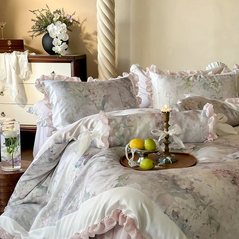 Afralia™ Romantic Rose Organza Lace Ruffles Bedding Set with Soft Silky Feel