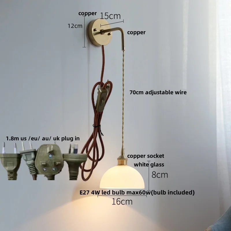 Afralia™ Nordic LED Wall Lamp Pull Chain Copper Glass Stair Light Sconce
