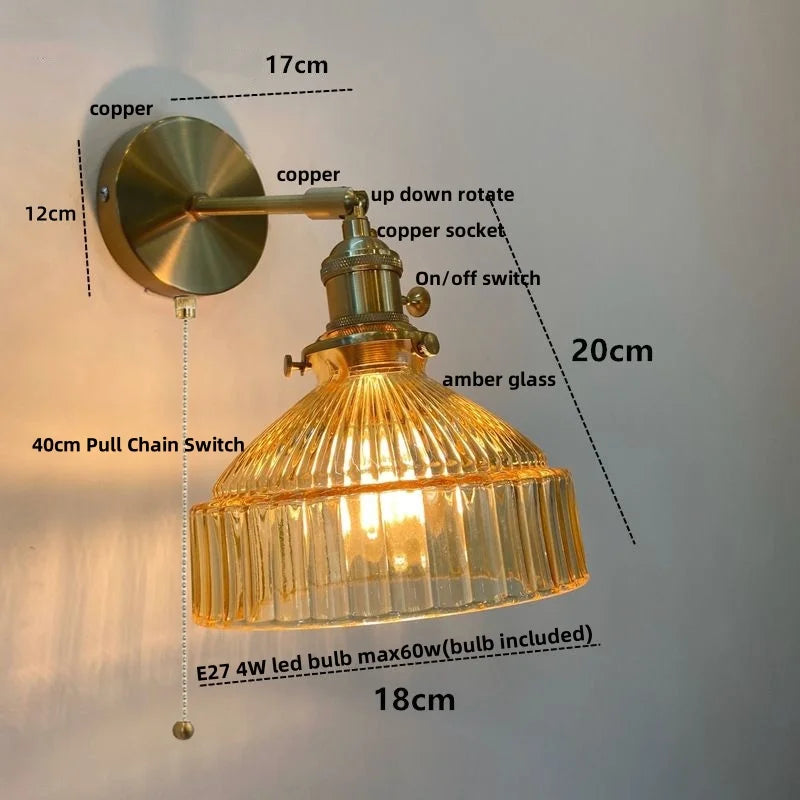 Afralia™ Glass Pull Chain LED Wall Lamp Copper Socket Study Living Room Stair Light