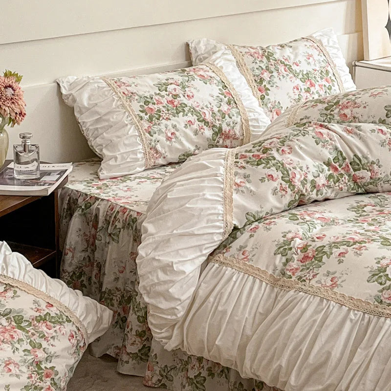 Afralia™ French Pastoral Princess Lace Bedding Set with Ruffles, 100% Cotton, Queen King