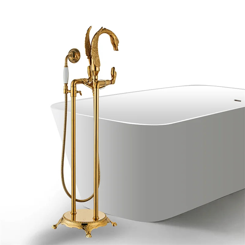 Afralia™ Gold Swan Bathtub Mixer with Handshower Head and 360° Rotation Spout