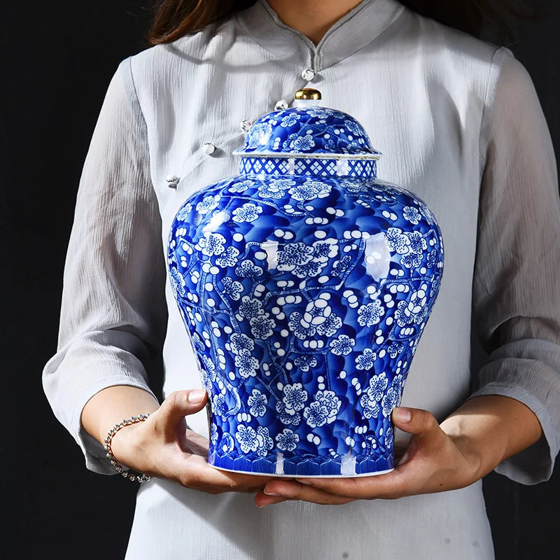 Afralia™ Blue White Porcelain General Jar Tea Pot Sealed Storage Tank Home Decor