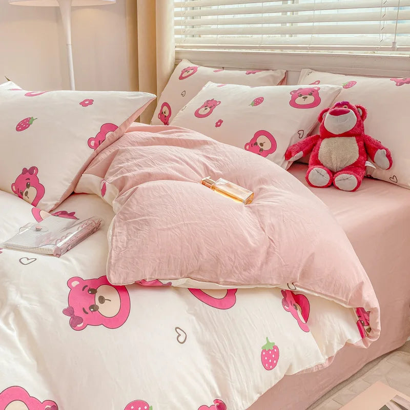Afralia™ Cartoon Heart Floral Print Duvet Set with Bed Sheet & Pillowcases