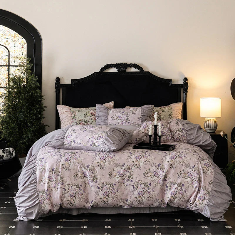 Afralia™ Vintage Rose Print Ruffles Bedding Set: 800TC Egyptian Cotton, Duvet Cover, Sheet, Pillowcases