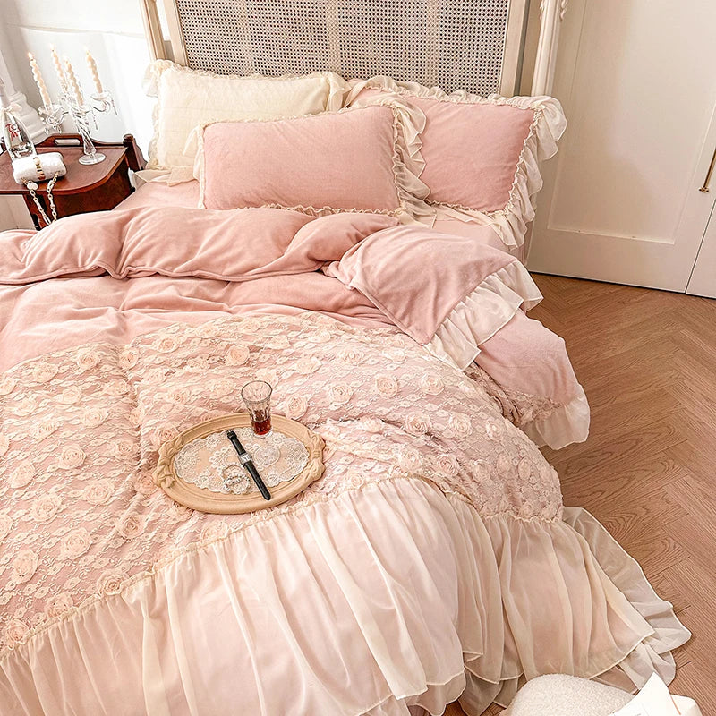 Afralia™ Pink Rose Lace Ruffles Bedding Set: Velvet Fleece, Duvet Cover, Sheet, Pillowcase