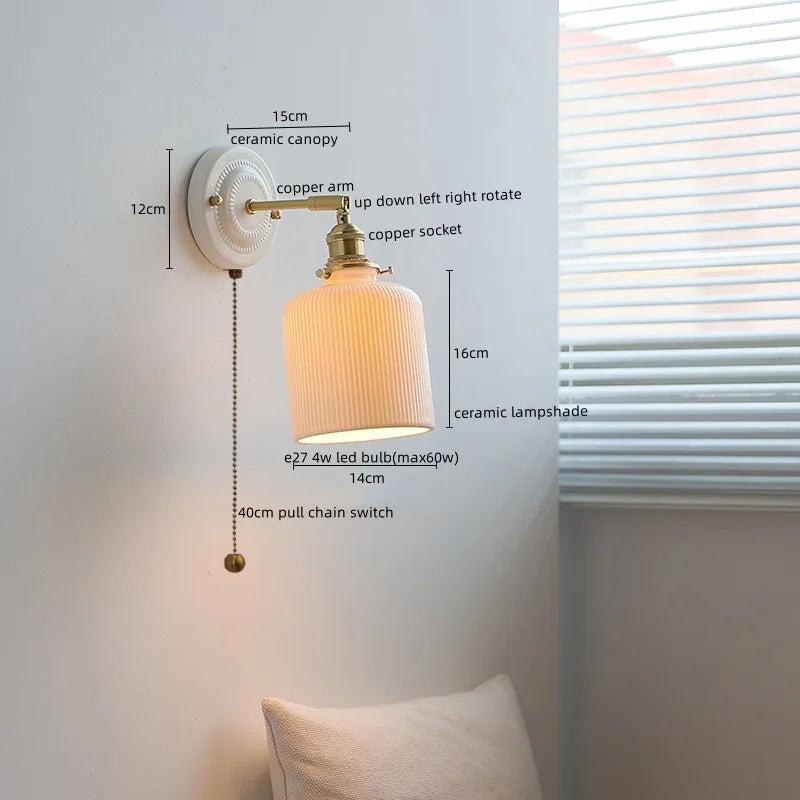 Afralia™ Vintage Ceramic LED Wall Sconce Light with Copper Pull Chain Switch