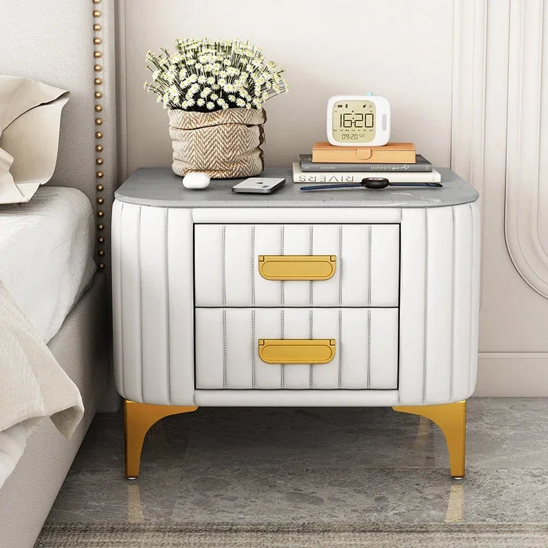 Afralia™ Rock Bed Edge Cabinet with Drawers - Modern & Luxury Leather Master Bedroom Nightstand