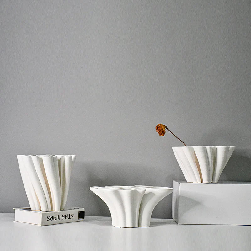 Afralia™ Geometric Ceramic Fold Pattern Flower Vase Decorative Home Ornament