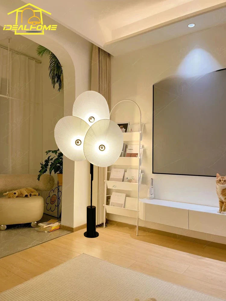 Afralia™ Wabi-sabi Fan Floor Lamp LED E27 Fabric Art Decorative Standing Light