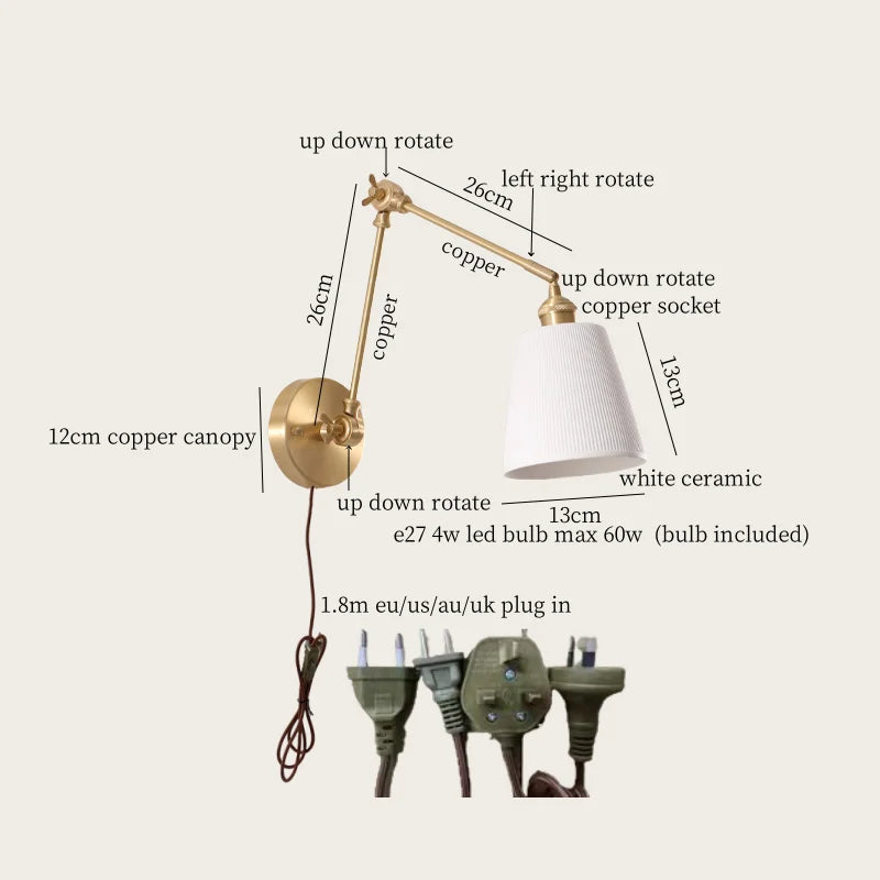 Afralia™ Ceramic LED Wall Lamp, Pull Chain Switch, Nordic Copper, Small Size