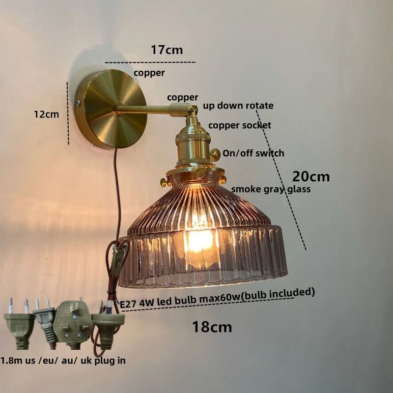 Afralia™ Glass Pull Chain LED Wall Lamp Copper Socket Study Living Room Stair Light