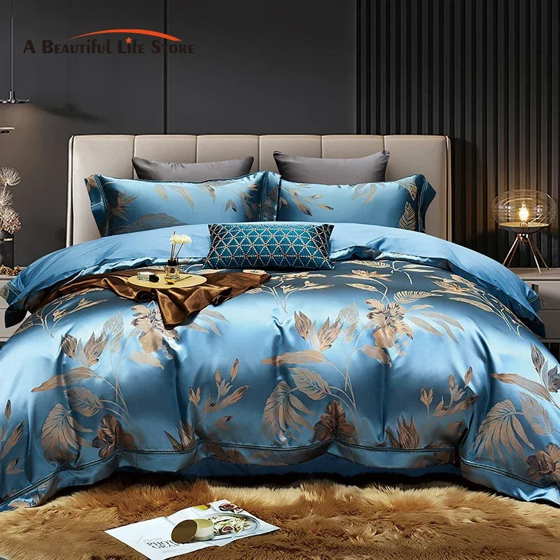 Afralia™ Gold Leaves Jacquard Cotton Bedding Set with Smooth Egyptian Cotton Duvet Cover