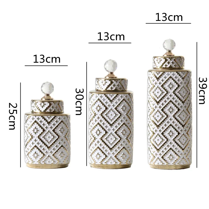 Afralia™ Geometric Golden Relief Decorative Jar - Ceramic Crystal Vase Storage Jar