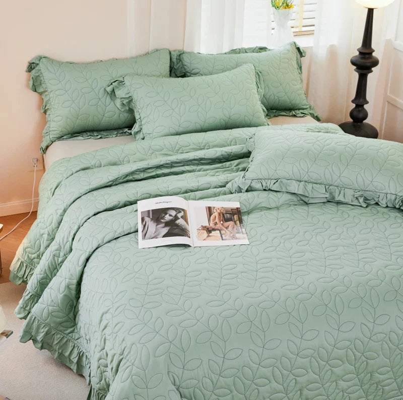 Afralia™ Leaf Embroidery Double Layer Lace Ruffles Quilt Set with Bedspread & Pillowcases