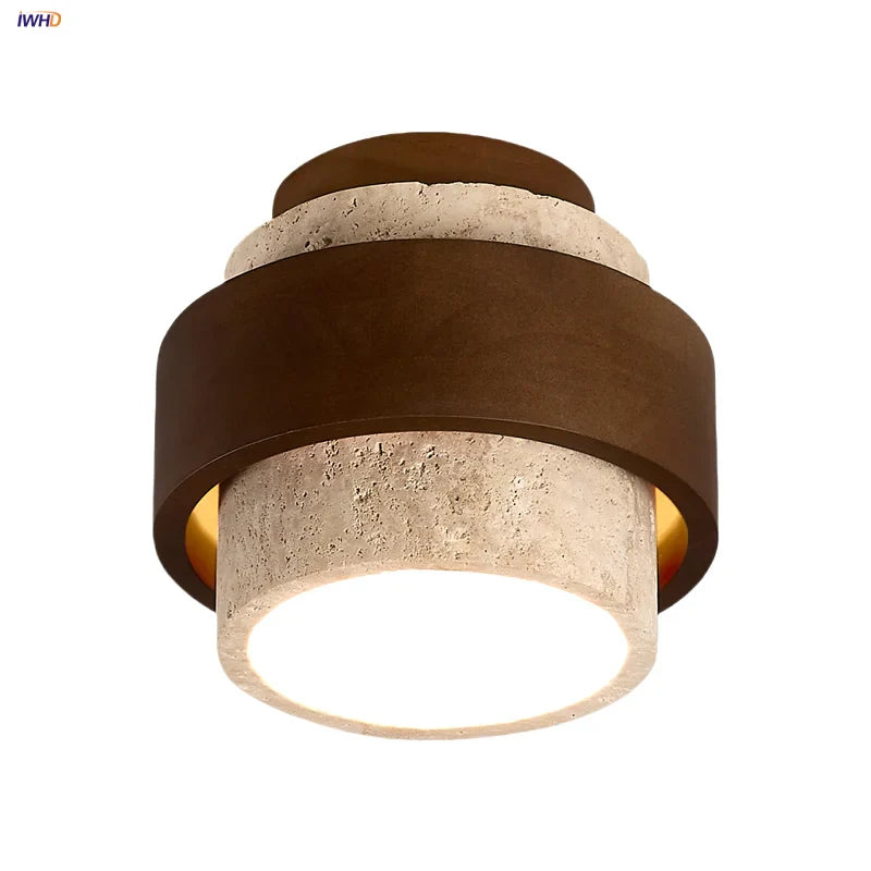 Afralia™ Yellow Travertine LED Ceiling Lamp with Wood Canopy Flush Mount