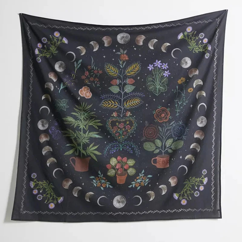 Botanical Celestial Floral Wall Tapestry by Afralia™, Moon Phase Hippie Flower Dorm Decor