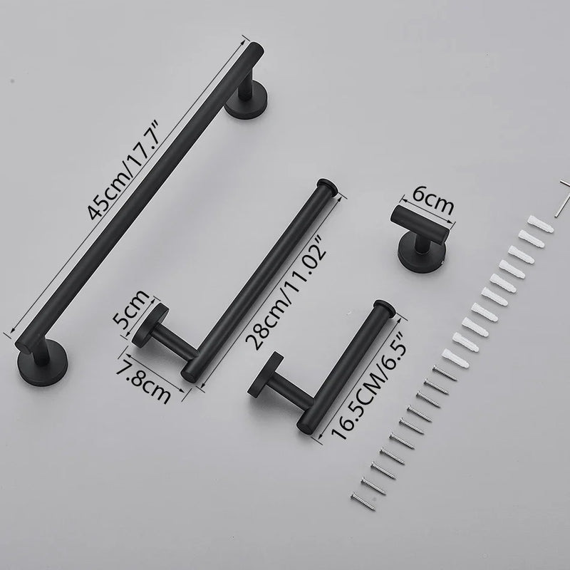 Afralia™ Matte Black Bathroom Hardware Set: Shelf, Paper Holder, Hook, Rail, Ring