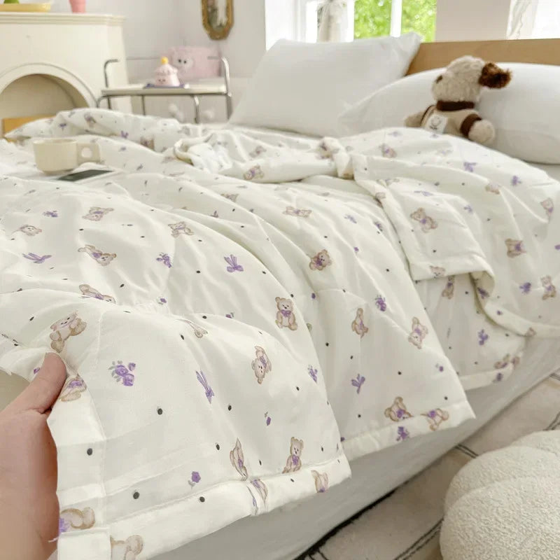Afralia™ Cartoon Bear Printed Summer Quilt Lightweight Soft Cooling Blanket