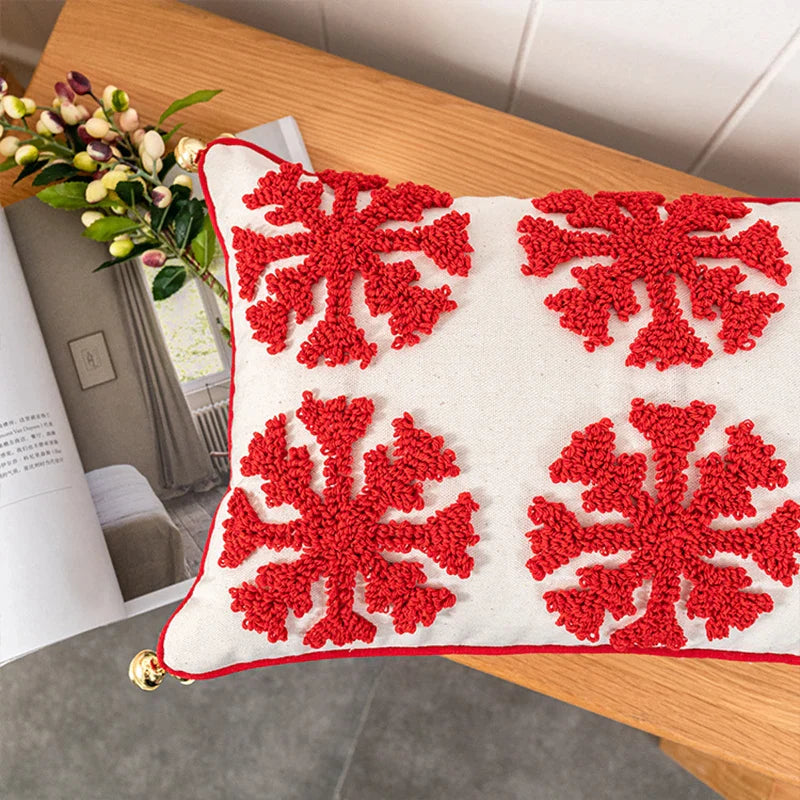 Afralia™ Red Snowflake Tufted Pillowcase for Festive Decor - Christmas Bell Design