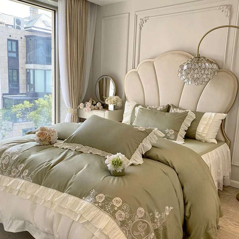 Afralia™ 1000TC Egyptian Cotton Flowers Embroidery Bedding Set with Vintage French Ruffles.