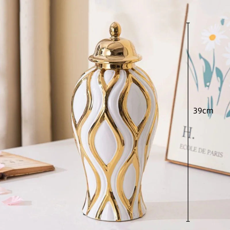 Afralia™ Geometric Pattern Golden Porcelain Ginger Jar Vase - Home Decoration Ceramic Craft Ornament
