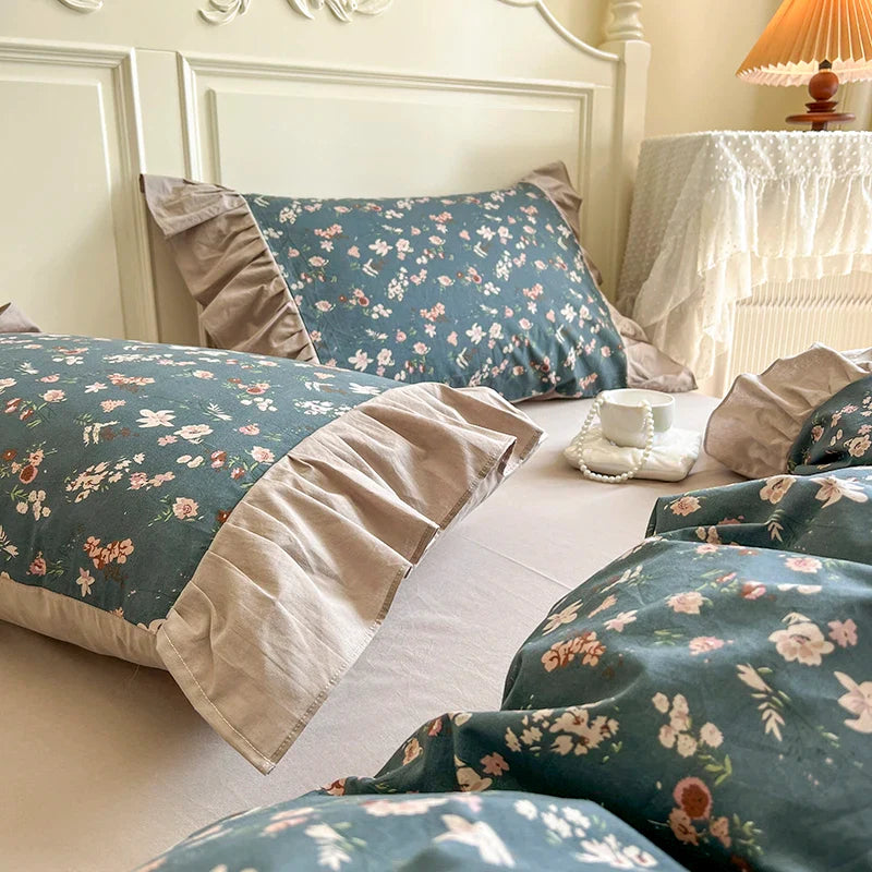 Afralia™ Vintage Floral Cotton Bedding Set with Pleat Ruffles and Duvet Cover