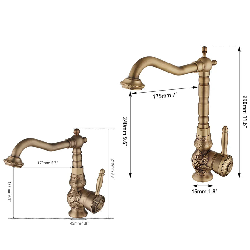 Afralia™ Antique Brass Basin Faucet, 360 Rotation Art Design Kitchen Mixer Tap.