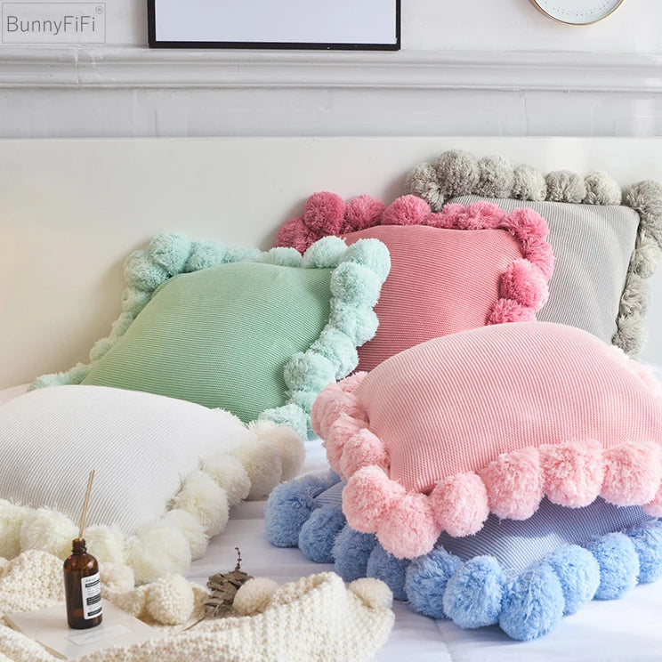 Afralia™ Pompom Knit Cushion Cover Set- Grey, Pink, Green- 45*45cm