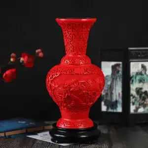 Afralia™ 10-inch Red Lacquerware Flower Auspicious Vase