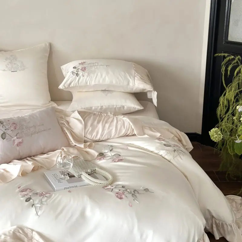 Afralia™ Embroidered Lace Princess Bedding Set - 4 Piece Cotton Flowers Collection