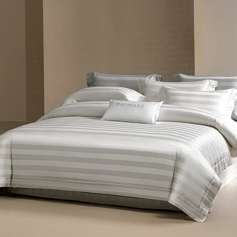 Afralia™ Silky Satin Jacquard Egyptian Cotton Bedding Set incl. Duvet, Sheet, Fitted Sheet & Pillowcases
