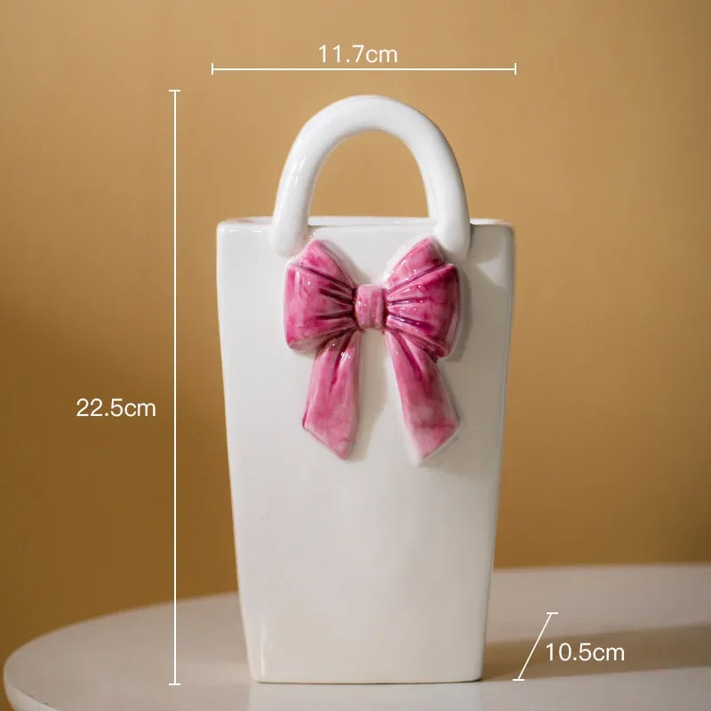 Afralia™ Bowknot Ceramic Vase Handbag Decor Table Flower Room Decor