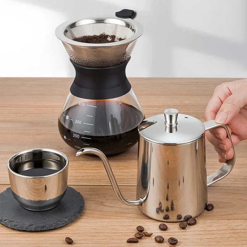 Afralia™ Glass Coffee Maker Pot Barista Kettle Stainless Steel Strainer Pitcher